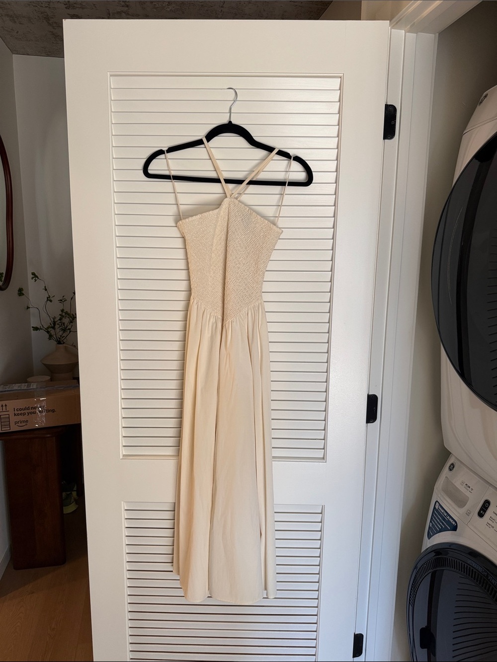 Mango XS Cream Smocked Spaghetti Strap Maxi Dress